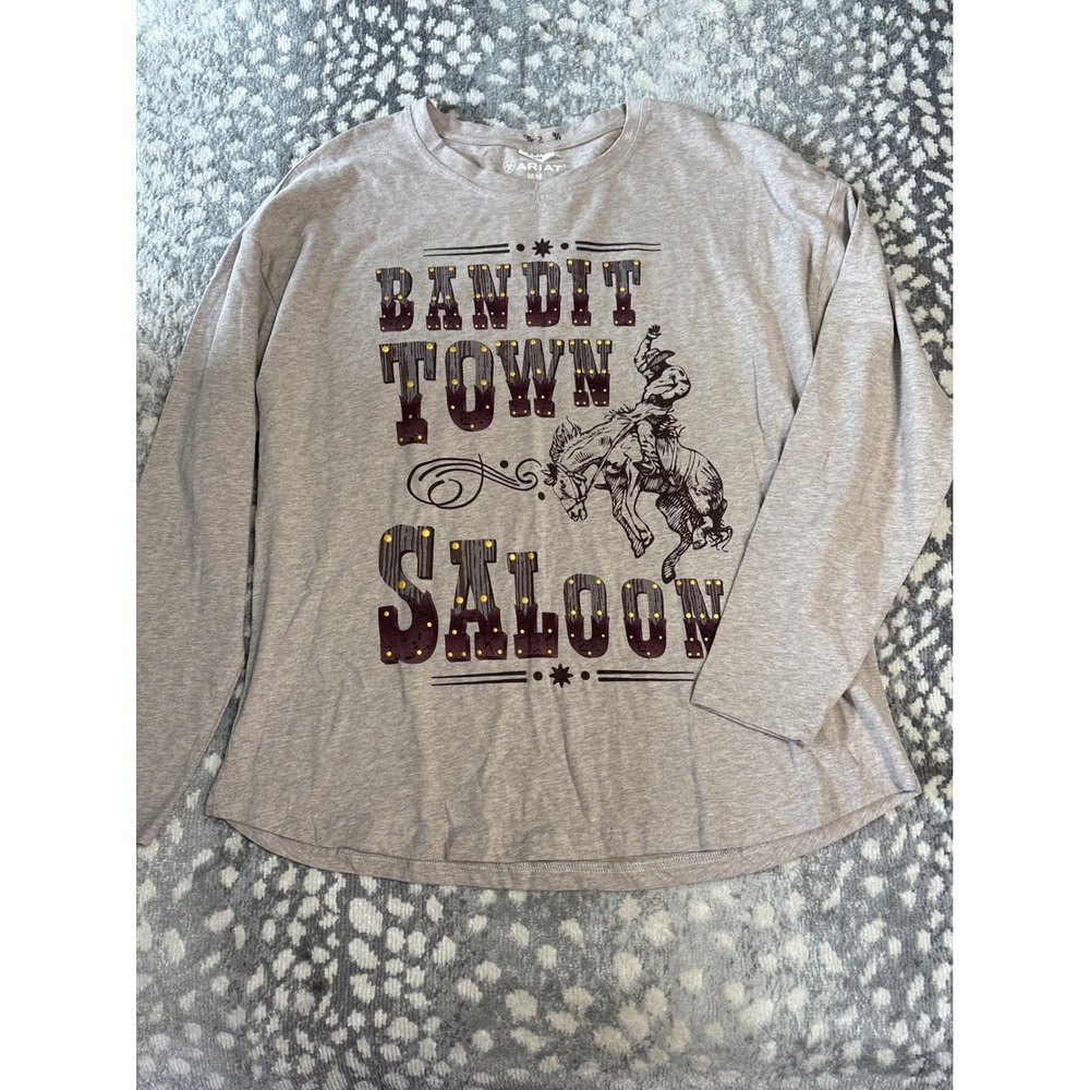 Ariat Bandit Town Saloon Graphic Long Sleeve Top Brown Oatmeal Heather M NWT